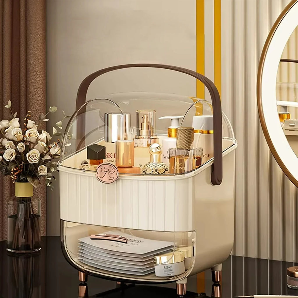 Imperial White-Gold Vanity Organizer – Luxury Dust-Proof Edition