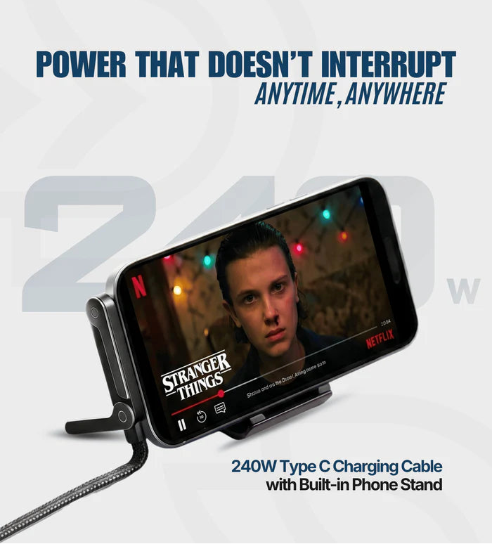 240W Type C Charging Cable with Built-in Phone Stand