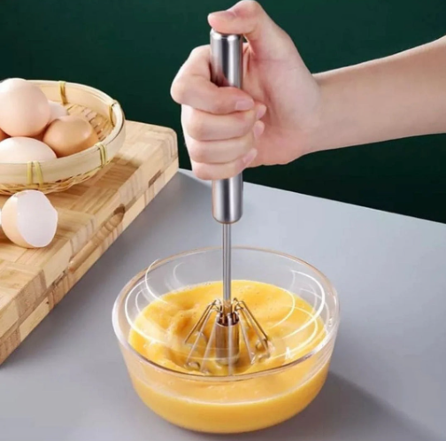 Stainless Steel Hand Push Whisk | Manual Egg Beater & Cream Frother | Self-Rotating Kitchen Hand Mixer for Baking, Coffee, Omelets, Cream & More