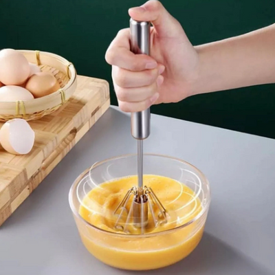 Stainless Steel Hand Push Whisk | Manual Egg Beater & Cream Frother | Self-Rotating Kitchen Hand Mixer for Baking, Coffee, Omelets, Cream & More
