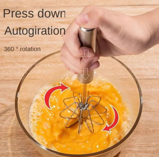Stainless Steel Hand Push Whisk | Manual Egg Beater & Cream Frother | Self-Rotating Kitchen Hand Mixer for Baking, Coffee, Omelets, Cream & More