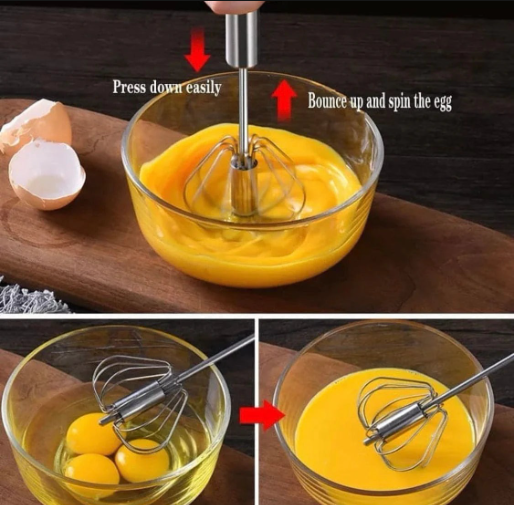 Stainless Steel Hand Push Whisk | Manual Egg Beater & Cream Frother | Self-Rotating Kitchen Hand Mixer for Baking, Coffee, Omelets, Cream & More