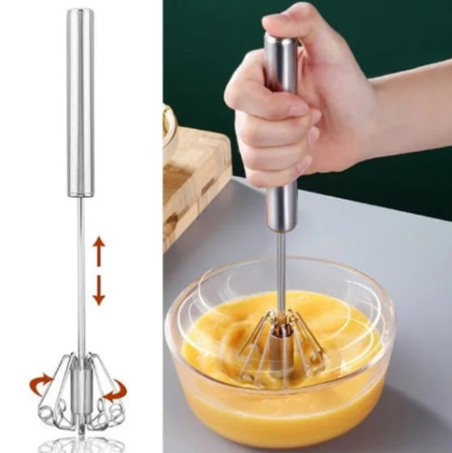 Stainless Steel Hand Push Whisk | Manual Egg Beater & Cream Frother | Self-Rotating Kitchen Hand Mixer for Baking, Coffee, Omelets, Cream & More
