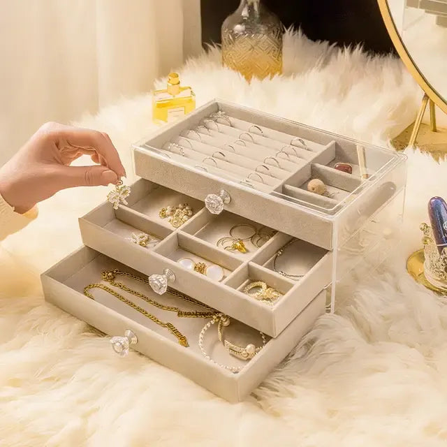 Acrylic 3 Drawers shelf velvet jewellery box